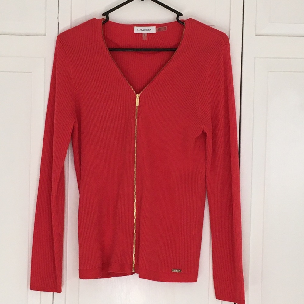 Calvin Klein zip up cardigan, M, bright coral